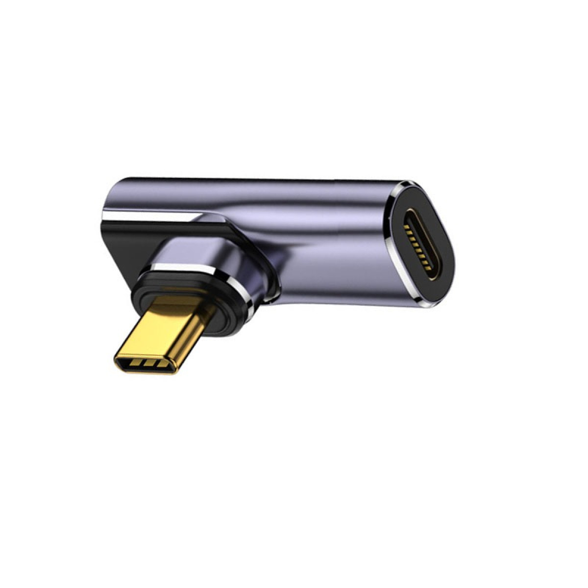 Metalowy adapter USB-C. Ma pozłacane złącze USB-C i srebrny korpus. Adapter jest zgięty pod kątem 90 stopni.