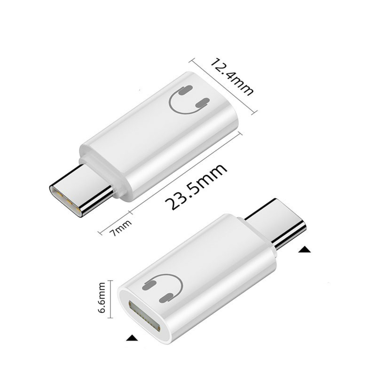 Zwei weiße USB-C-auf-Kopfhöreranschluss-Adapter. Abmessungen sind beschriftet. Jeder hat ein Kopfhörersymbol.