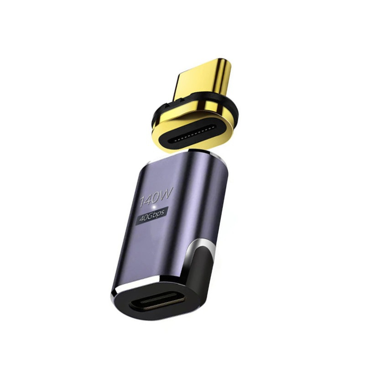Ein zerlegter magnetischer USB-C-Adapter. Oberseite goldfarben und ein dunkelgrauer Körper. Es zeigt 140W und 40 Gbit/s.