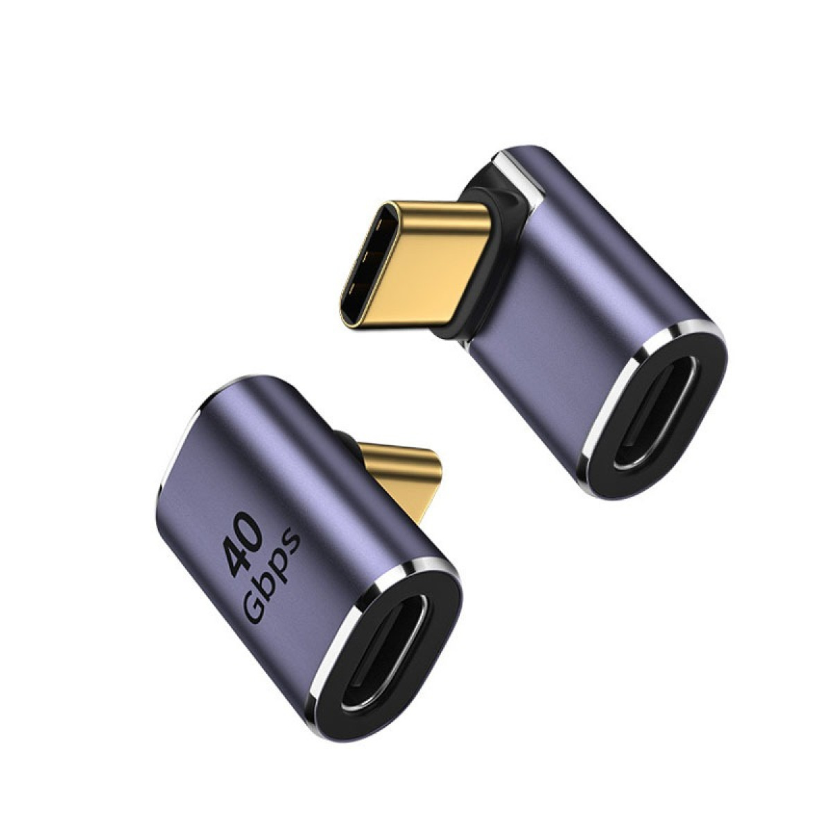 Zwei gewinkelte USB-C-Adapter. Die Adapter sind dunkelblau mit einem goldenen USB-C-Anschluss. Einer zeigt '40 Gbit/s'.