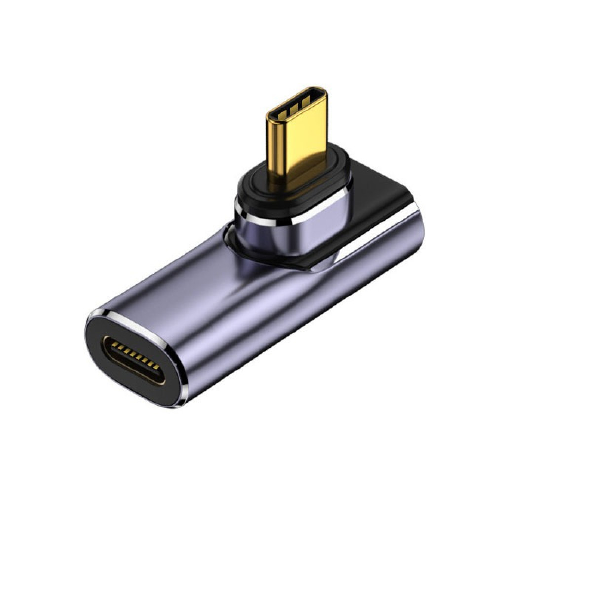 Kątowy adapter USB-C. Ma pozłacane złącze USB-C i metalowo-szarą obudowę z portem USB-C.