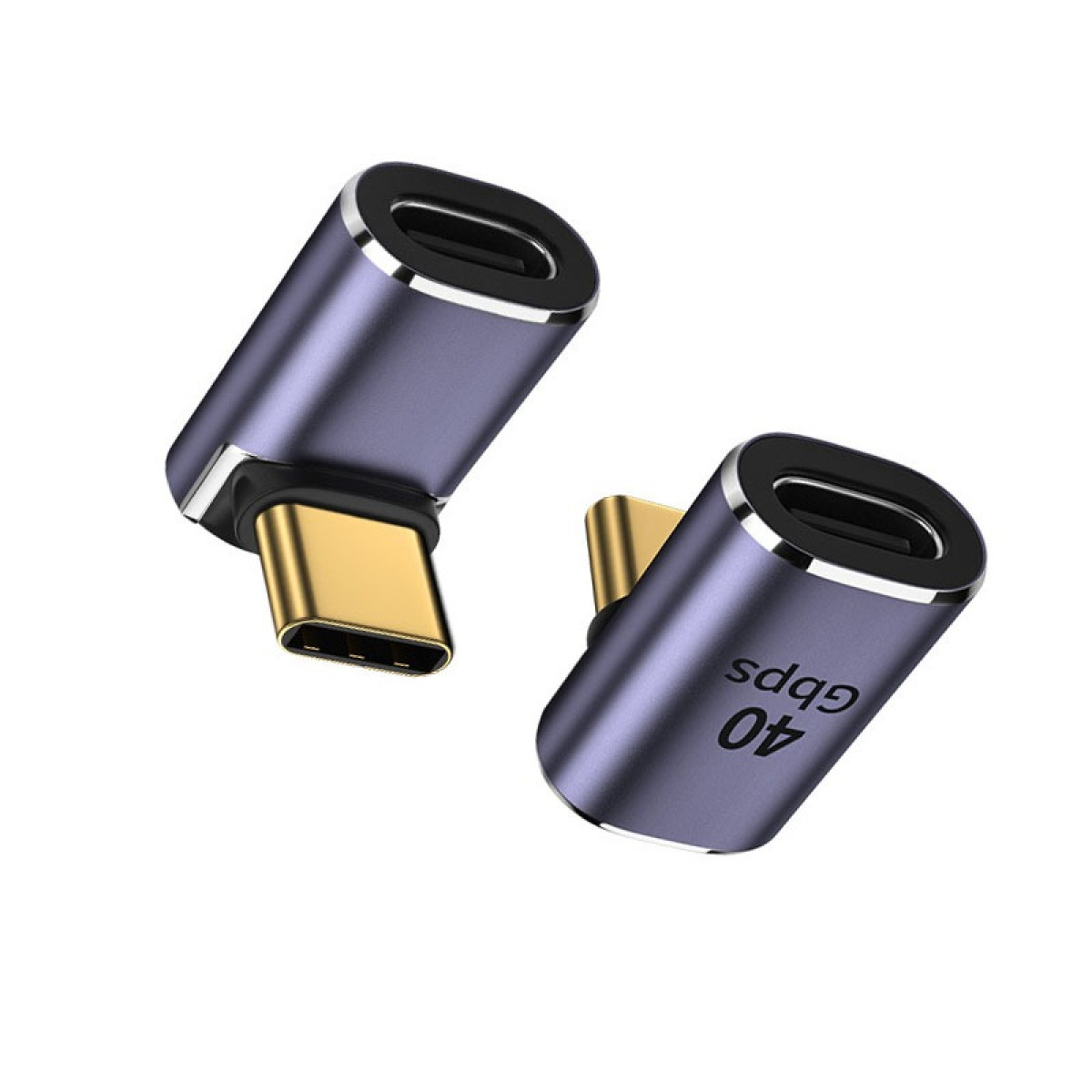 Zwei abgewinkelte USB-C-Adapter mit blau-grauem Metallgehäuse und goldenen Anschlüssen. Einer zeigt '40 Gbit/s'.