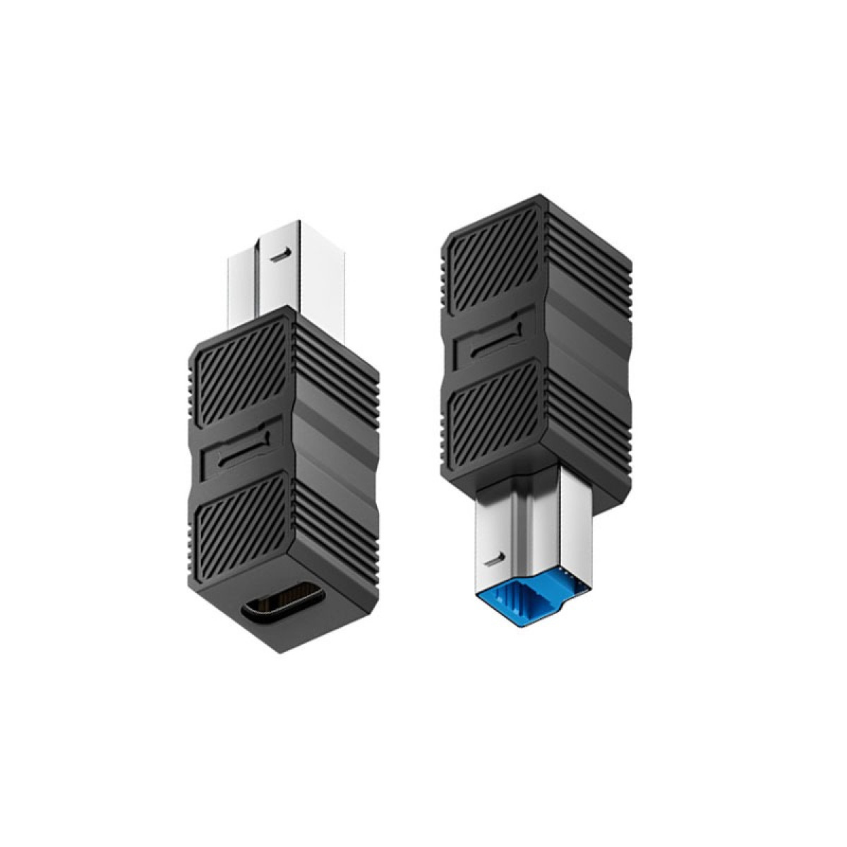 Zwei schwarze USB-Adapter. Einer hat eine silberne Spitze und der andere eine blaue Spitze. Beide befinden sich auf weißem Hintergrund.