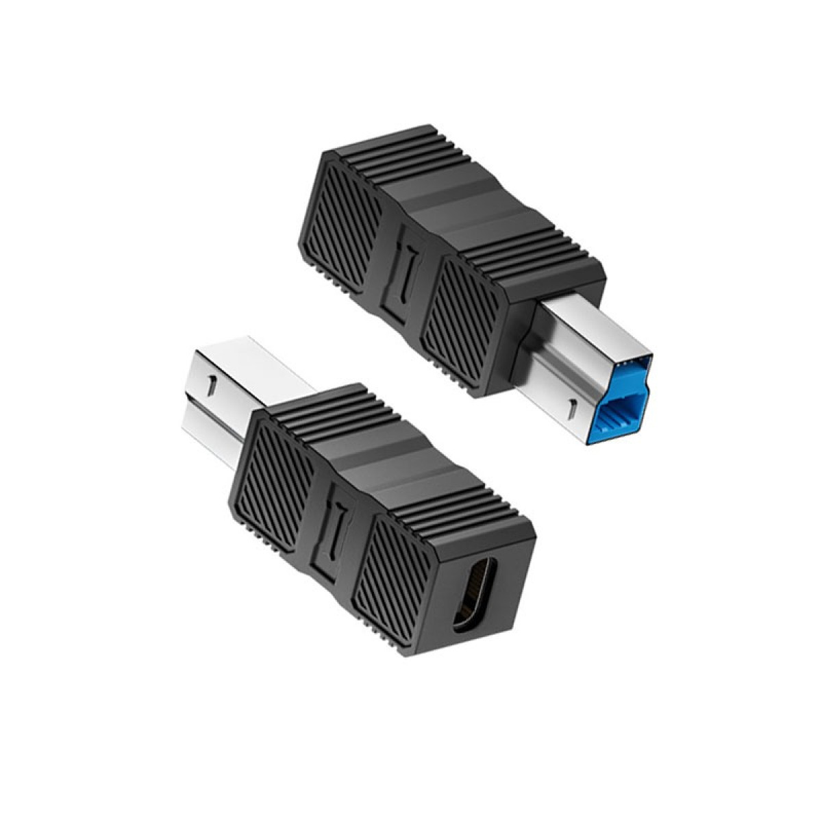 Zwei schwarze USB-Adapter mit silbernen Anschlüssen und blauer Innenausstattung auf weißem Hintergrund. Ein Adapter hat einen USB-C-Anschluss.