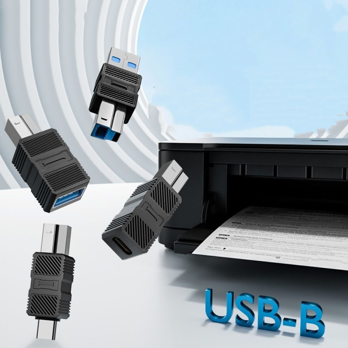 USB-B-Adapter schweben vor einem Drucker. Die Adapter sind schwarz und silber. Ein Dokument wird gedruckt. Blauer USB-B-Text.