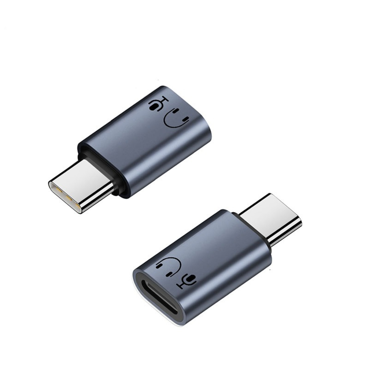 Dwa szare adaptery USB-C na audio na białym tle. Każdy ma ikonę słuchawek i mikrofonu. Złącza są srebrne.