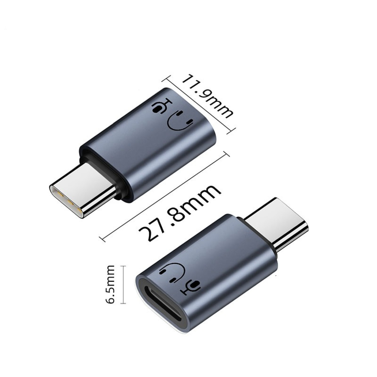 Dwa szare adaptery USB-C na audio. Wymiary są oznaczone. Jeden pokazuje symbol słuchawek i mikrofonu.