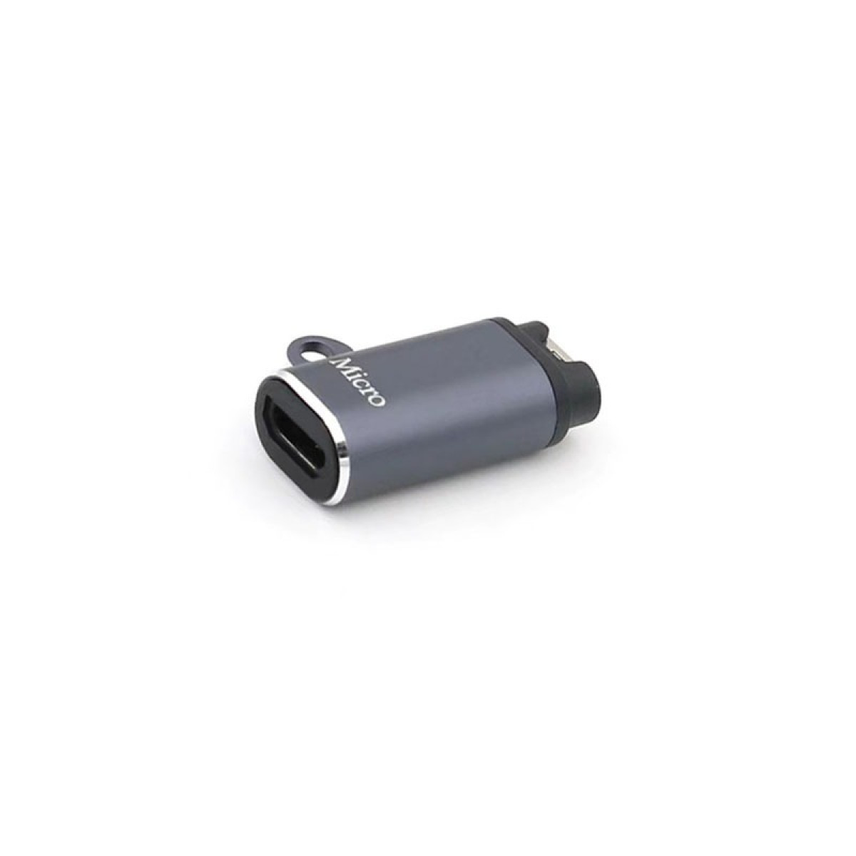 Szara przejściówka USB na białej powierzchni. Ma port micro USB i port USB-C. Słowo 'Micro' jest na nim wydrukowane.