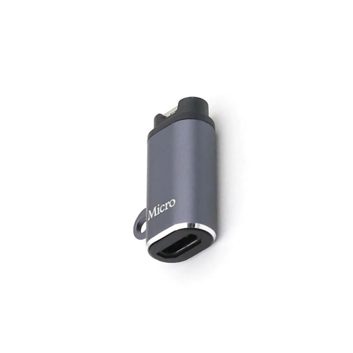 Szara przejściówka USB z portem micro na białym tle. Ma nadrukowane słowo "Micro".