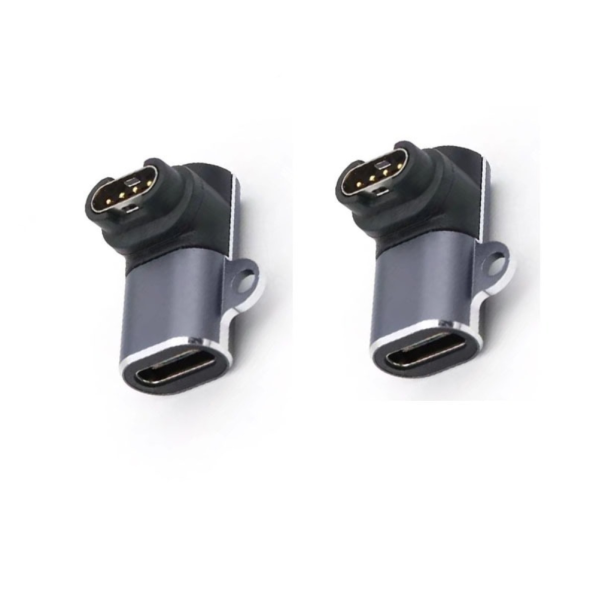 Zwei abgewinkelte USB-C-Adapter mit schwarzem Oberteil, grauem Gehäuse und silberner Verkleidung, vor weißem Hintergrund.