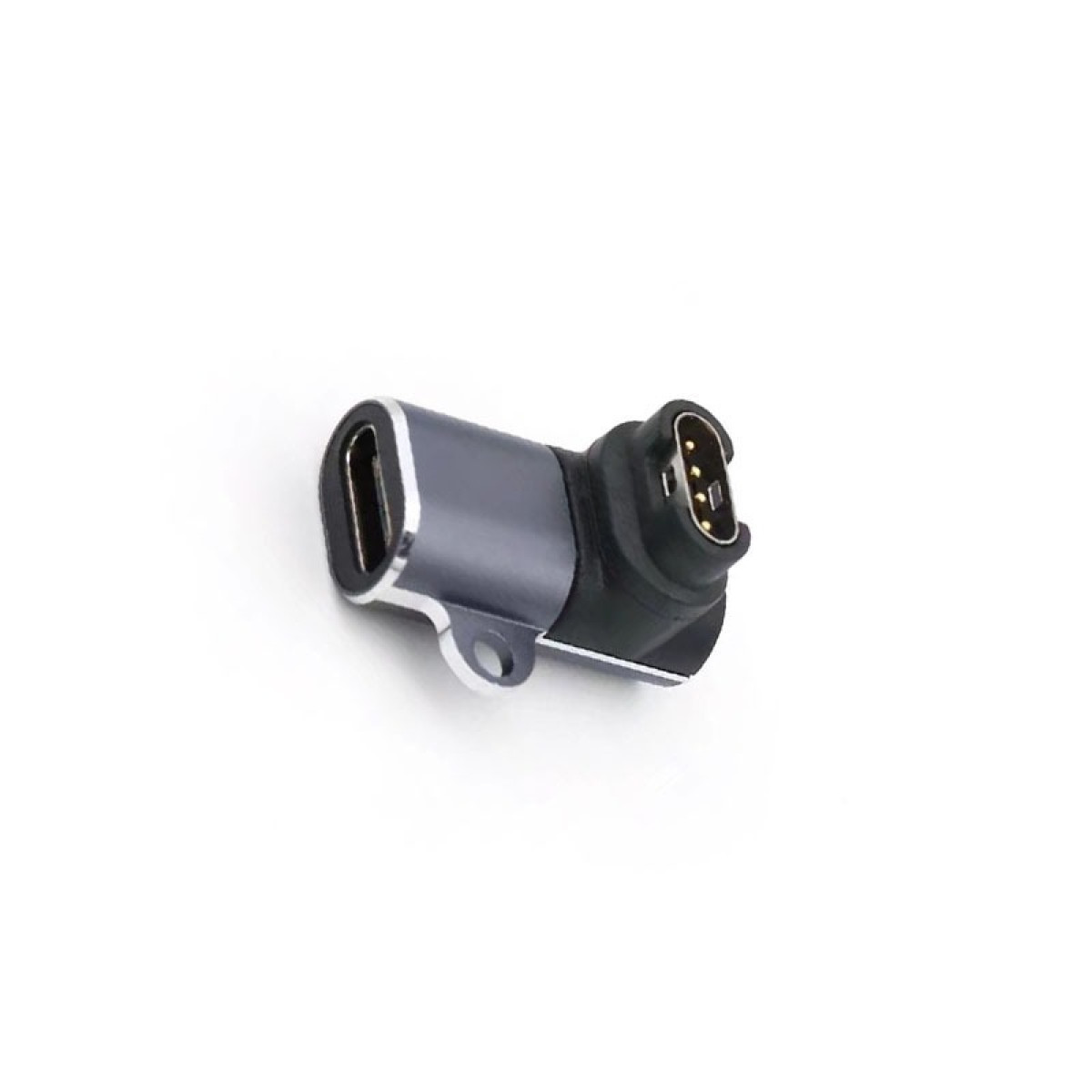 Ein grauer und schwarzer Stecker auf weißem Hintergrund. Er hat einen USB-Anschluss und einen Multi-Pin-Stecker.