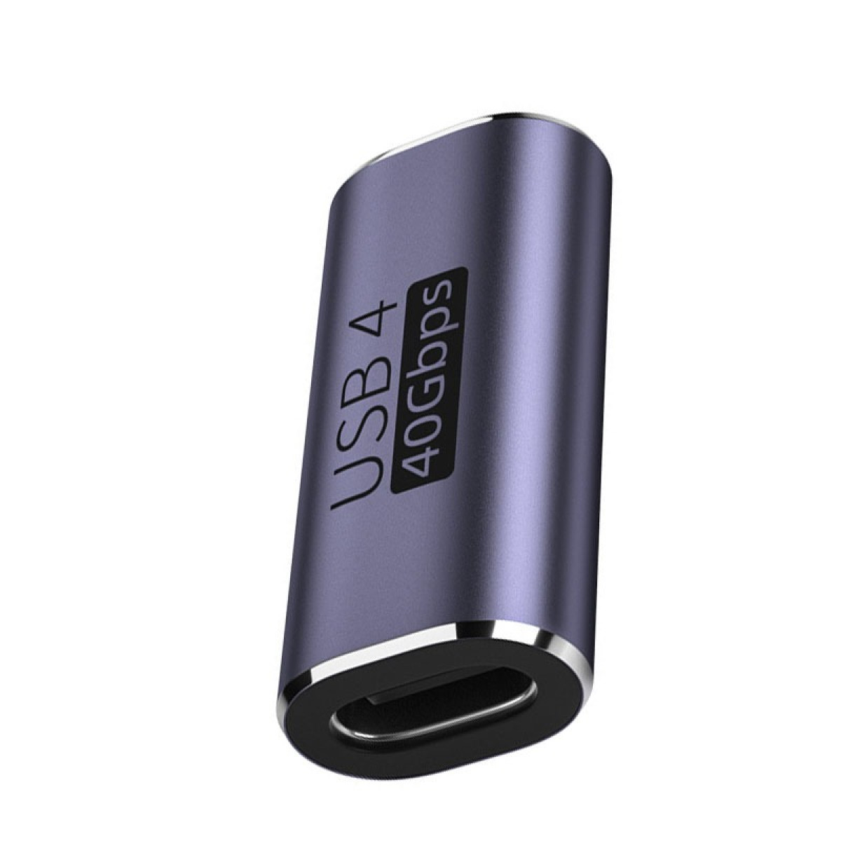 Ein lila USB 4 Adapter mit Text USB 4 40 Gbit/s. Es hat einen silbernen Rand um den Anschluss. Isoliert auf Weiß.
