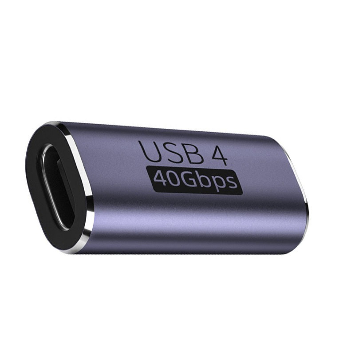 Ein dunkelvioletter USB 4-Adapter mit 40 Gbit/s Aufdruck. Er hat einen USB-C-Anschluss und einen silbernen Metallrand.