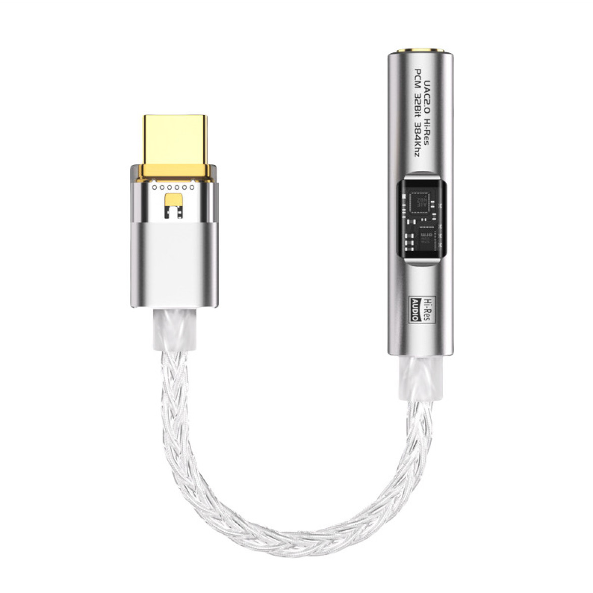 Srebrny i złoty adapter audio z plecionym kablem. Urządzenie ma złącze USB-C i cylindryczny korpus.