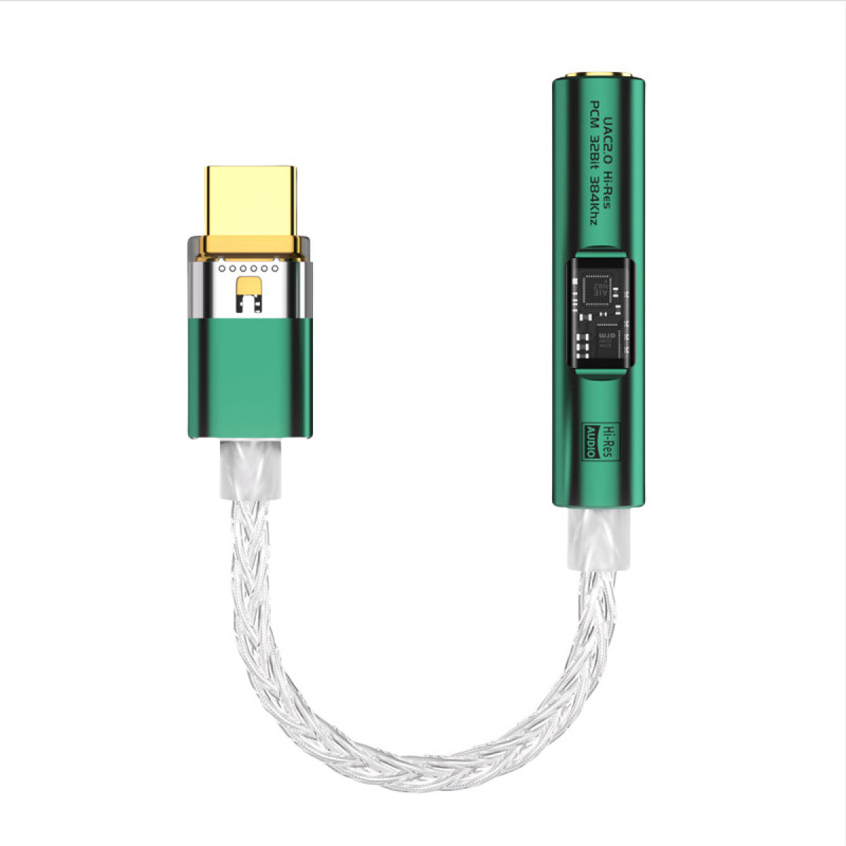 Zielony i srebrny adapter audio z złączem USB-C. Ma pleciony srebrny kabel i logo Hi-Res Audio.