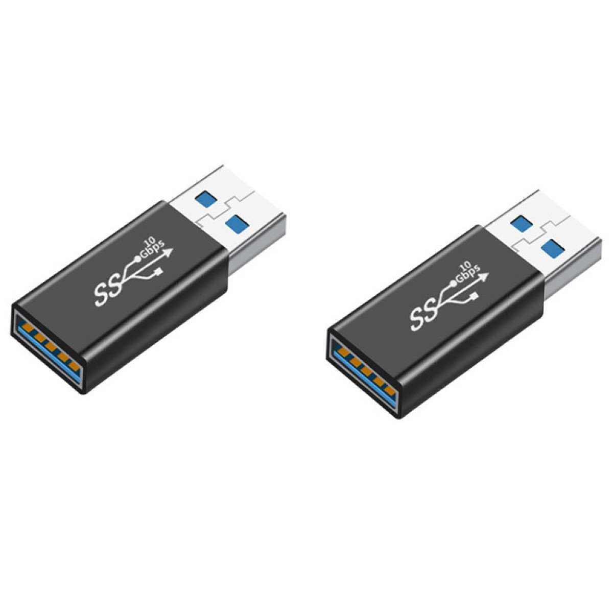 Dwa czarne pendrive'y USB 3.0 ze srebrnymi złączami i niebieskimi wkładkami. Każdy ma logo 'SS' i '10 Gbps'.