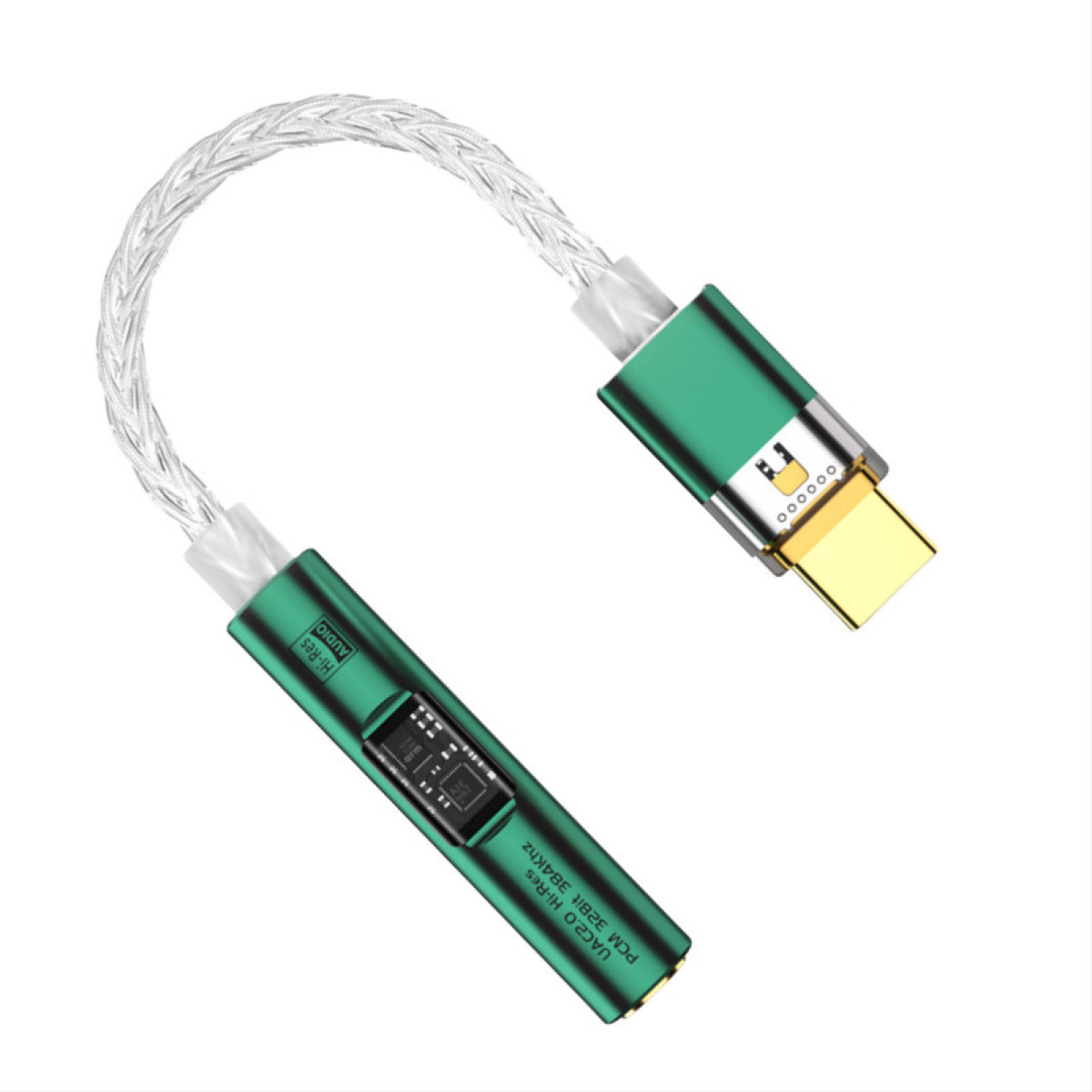 Zielony i srebrny adapter audio z złączem USB-C. Pleciony kabel i mały prostokątny korpus z tekstem, wszystko na białym tle.