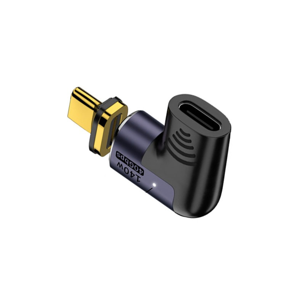 Ein schwarzer und goldener USB-C-Adapter. Er hat einen goldenen Stecker und einen schwarzen, abgewinkelten Körper mit Markierungen. Der Hintergrund ist weiß.