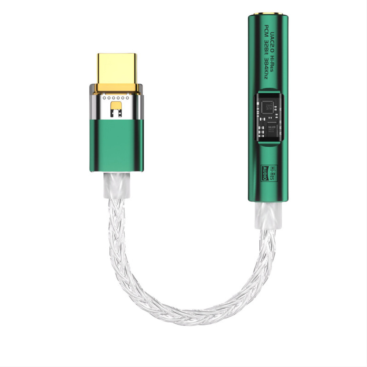 Zielony i srebrny adapter audio ze złotym złączem USB-C. Kabel jest pleciony. Posiada etykiety Hi-Res Audio i UAC2.0 Hi-Res.