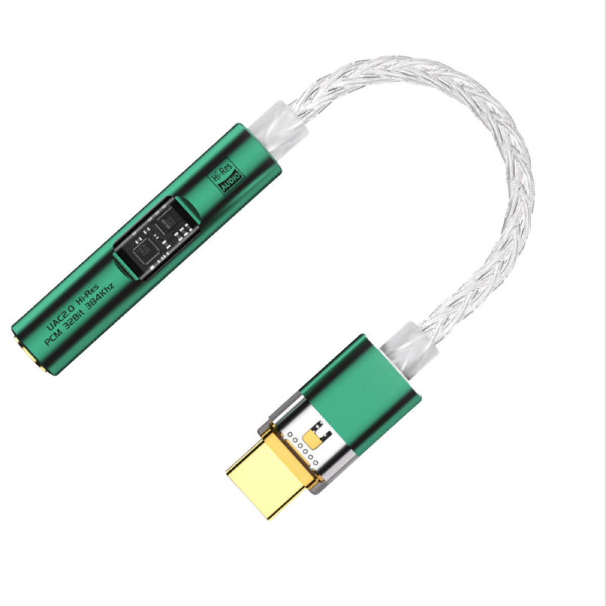 Zielony adapter audio ze złotym złączem USB, srebrnym plecionym kablem i tekstem Hi-Res Audio.