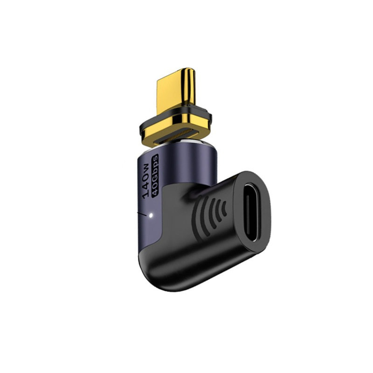 Ein schwarzer und blauer USB-C-Adapter mit einem goldfarbenen Anschluss auf weißem Hintergrund.