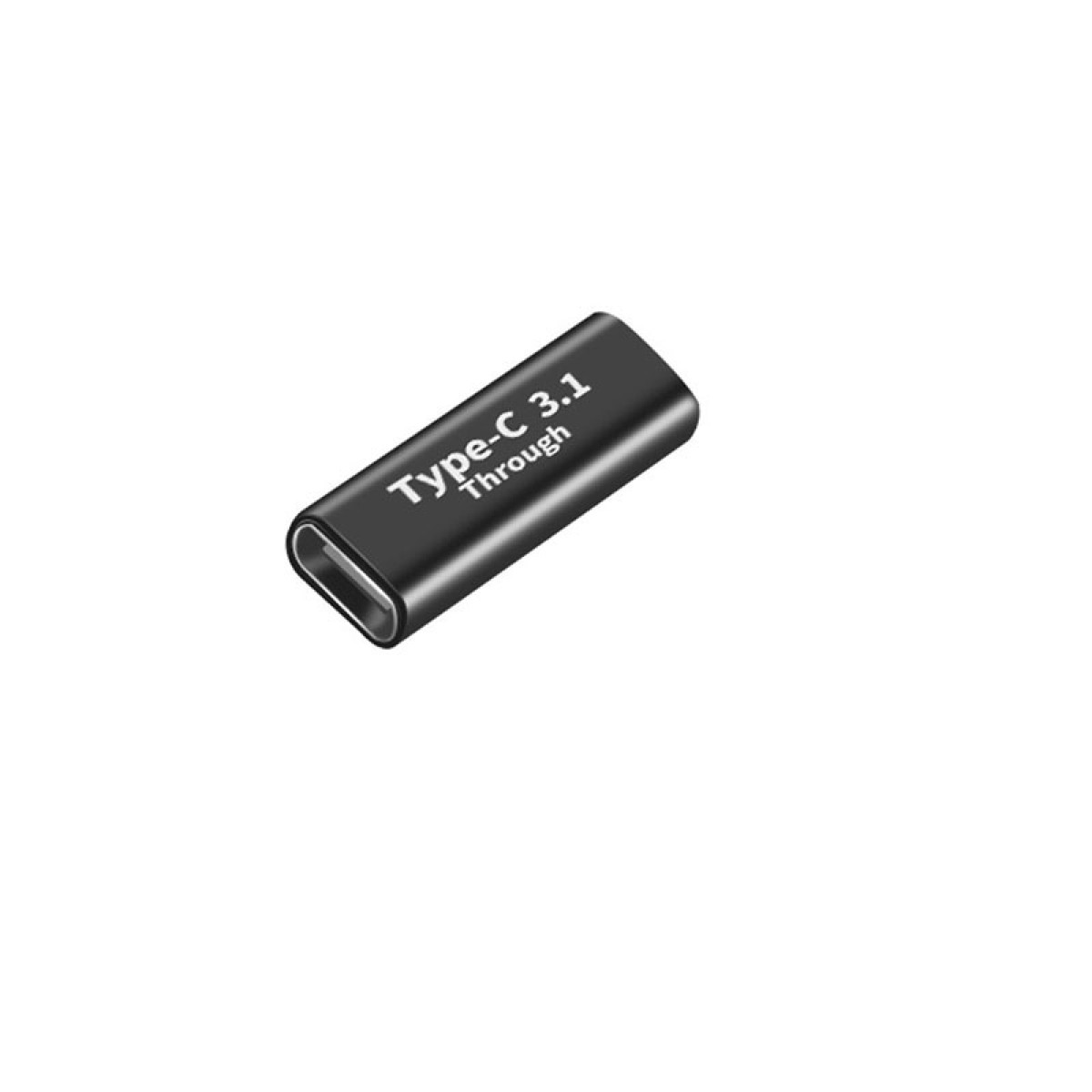 Ein schwarzer Typ-C 3.1 Durchgangsstecker auf weißem Hintergrund. Der Text auf dem Stecker lautet: Type-C 3.1 Through.