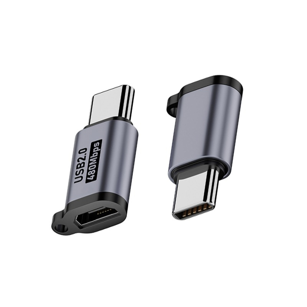 Due adattatori USB-C grigi su sfondo bianco. Uno ha un'etichetta USB 2.0 e 480 Mbps.