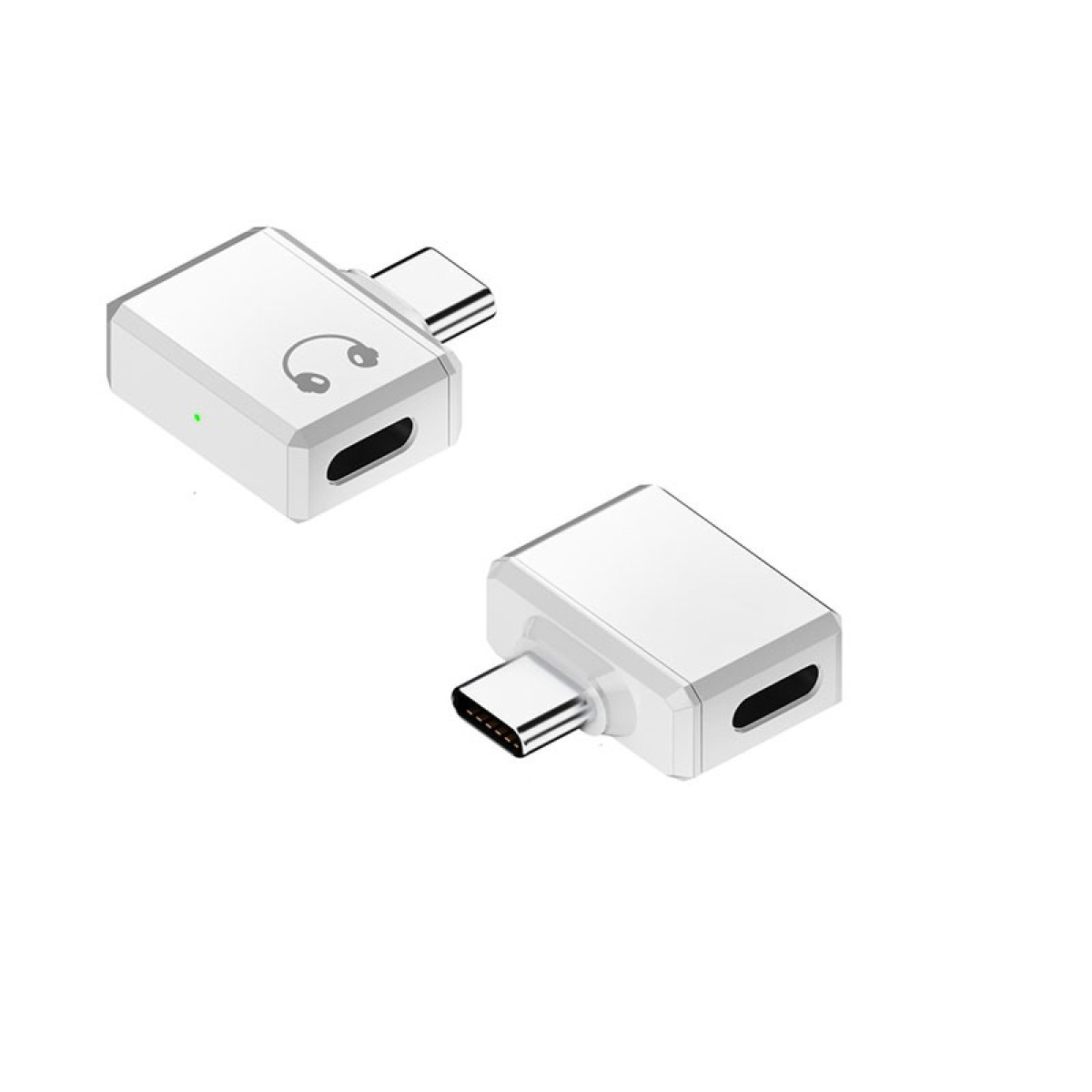 Zwei weiße USB-C-Adapter. Einer hat ein Kopfhörersymbol und ein grünes Licht. Beide haben einen USB-C-Anschluss und ein kleines Loch.