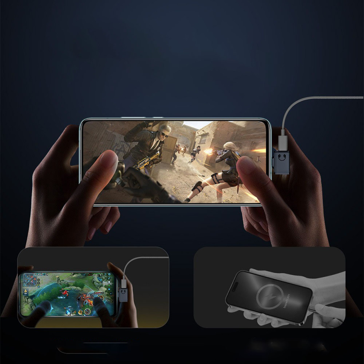 Ein Telefon, das ein Spiel anzeigt, ist mit einem kleinen Gerät verbunden. Zwei kleinere Telefonbilder zeigen andere Verwendungen. Eines ist Spielen, das andere Laden.
