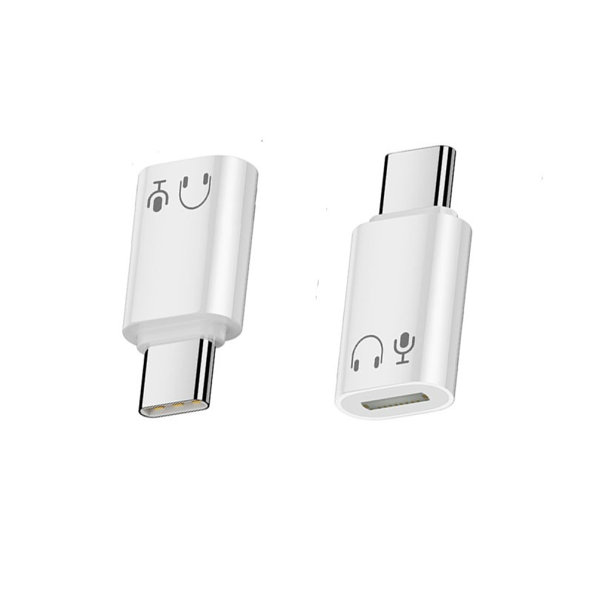 Dwa białe adaptery USB-C. Jeden ma symbole słuchawek i mikrofonu, drugi ma symbol słuchawek i mikrofonu.