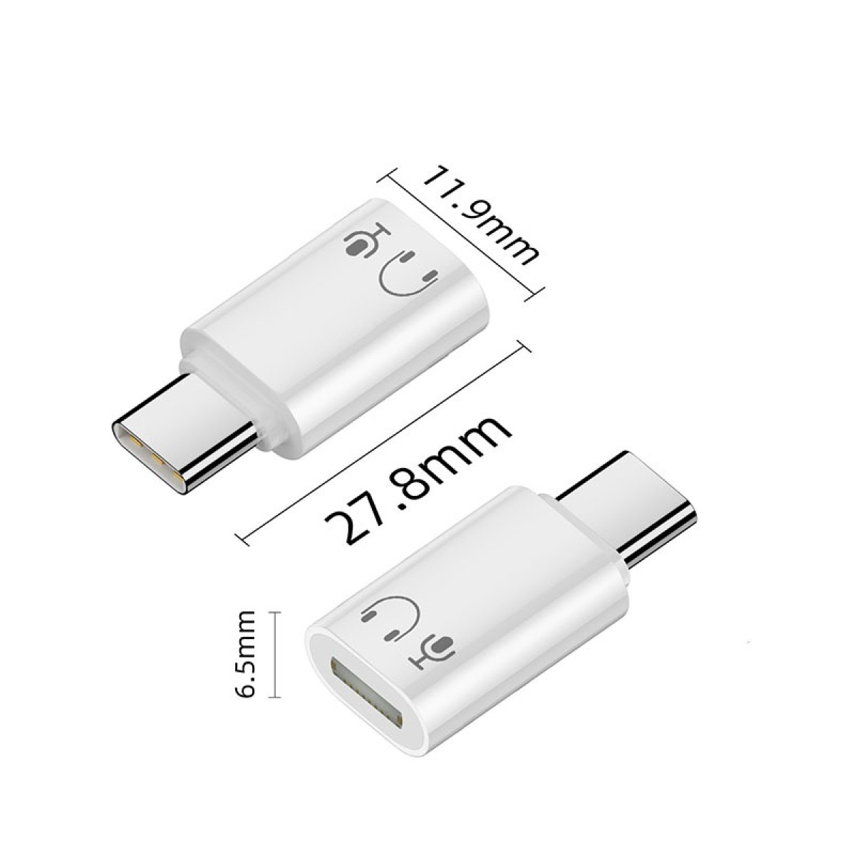 Dwie białe przejściówki z USB-C na audio. Jedna ma długość 27,8 mm, druga szerokość 6,5 mm. Obie mają symbole słuchawek i mikrofonu.