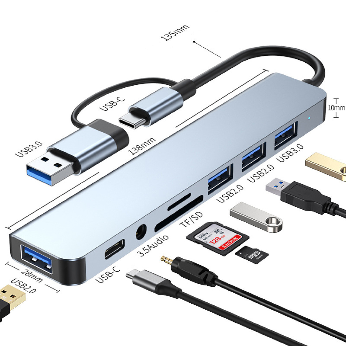 Srebrny hub USB z wieloma portami, w tym USB-C i USB 3.0, wraz z różnymi dyskami USB i kartami SD.