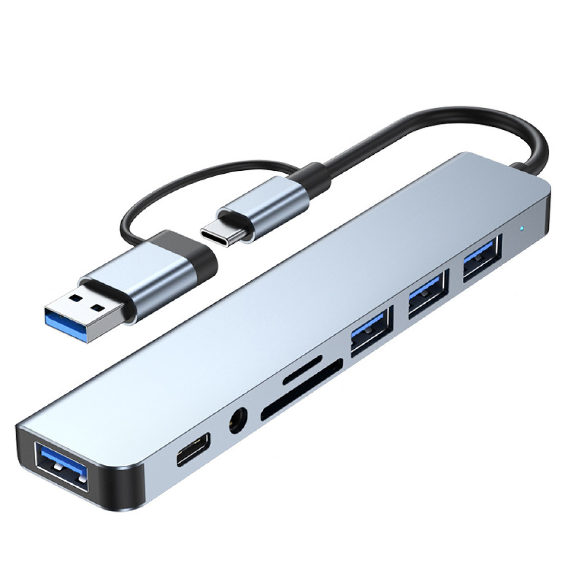 Srebrny hub USB z wieloma portami, w tym USB, USB-C i gniazdami czytnika kart, z czarnymi kablami.
