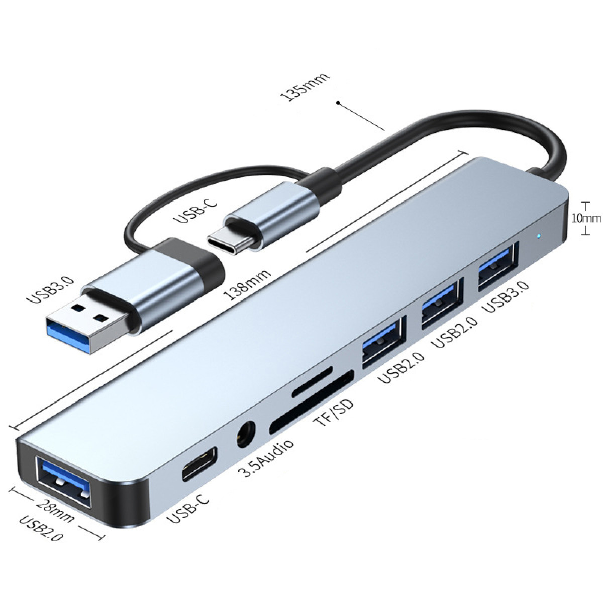 Srebrny hub USB z wieloma portami, w tym USB 2.0, USB 3.0 i USB-C. Posiada złącze USB-C i USB 3.0.