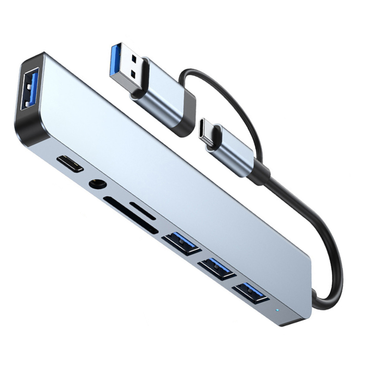Srebrny hub USB z wieloma portami, kablem USB-A i USB-C. Posiada kilka portów USB, gniazda kart SD i lampkę kontrolną.