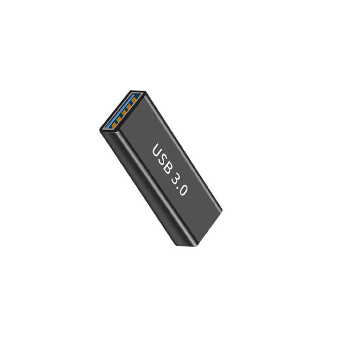 Ein schwarzer USB-3.0-Flash-Laufwerk mit blau-goldenem Anschluss ist auf weißem Hintergrund abgewinkelt.