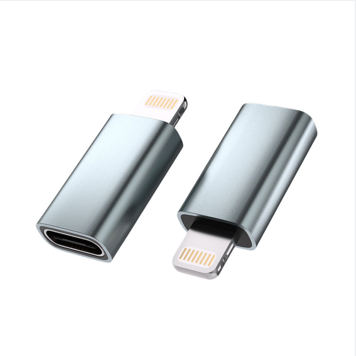 Dwa srebrne adaptery. Jeden z USB-C, drugi ze złączem Lightning. Białe tło.