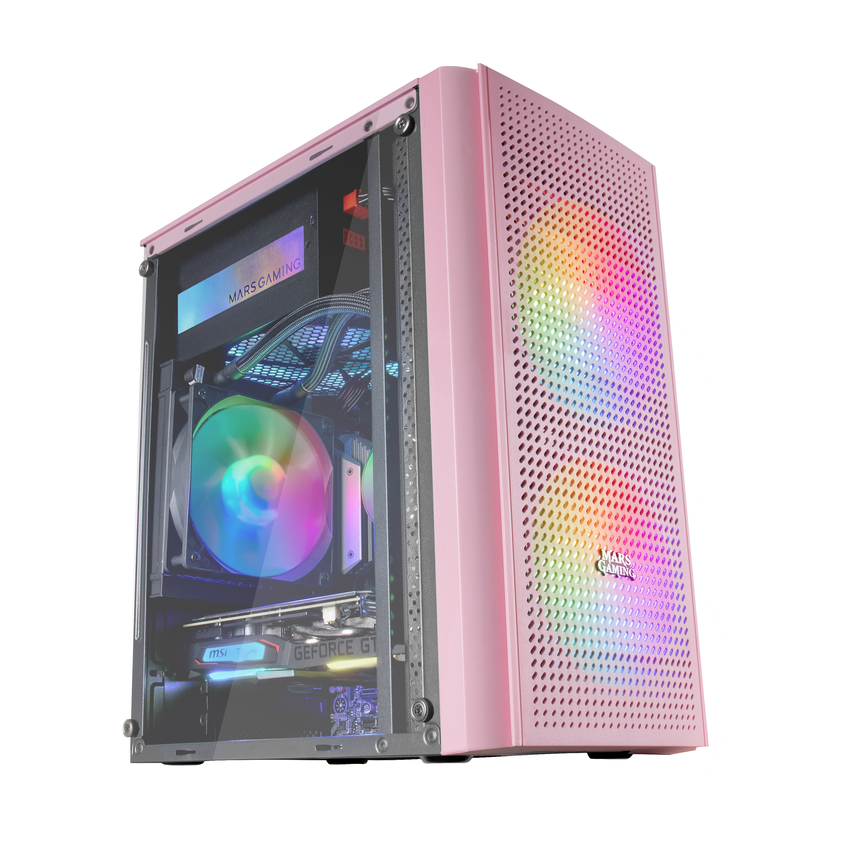 Case per computer rosa con pannello in vetro e componenti interni visibili, tra cui una ventola con luci arcobaleno.