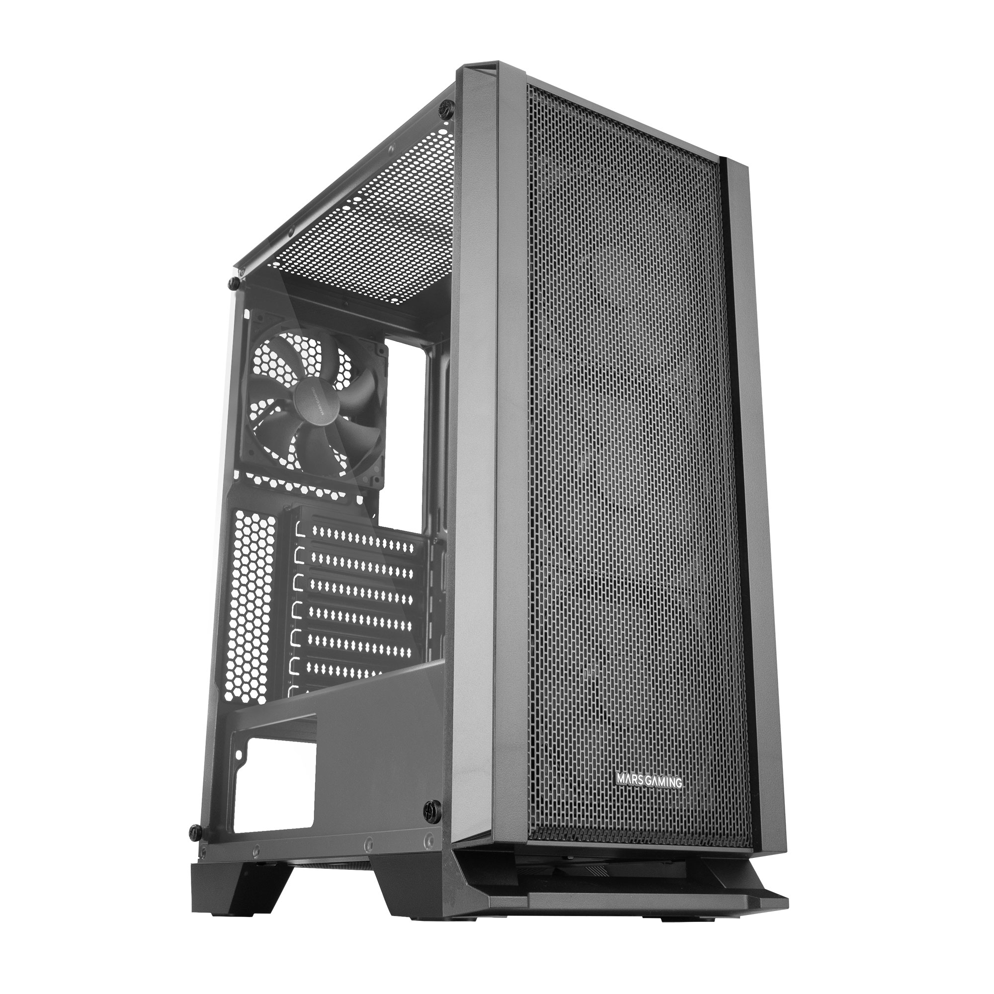 Un case per computer su sfondo bianco. È nero, con un frontale a rete. All'interno è visibile una ventola.