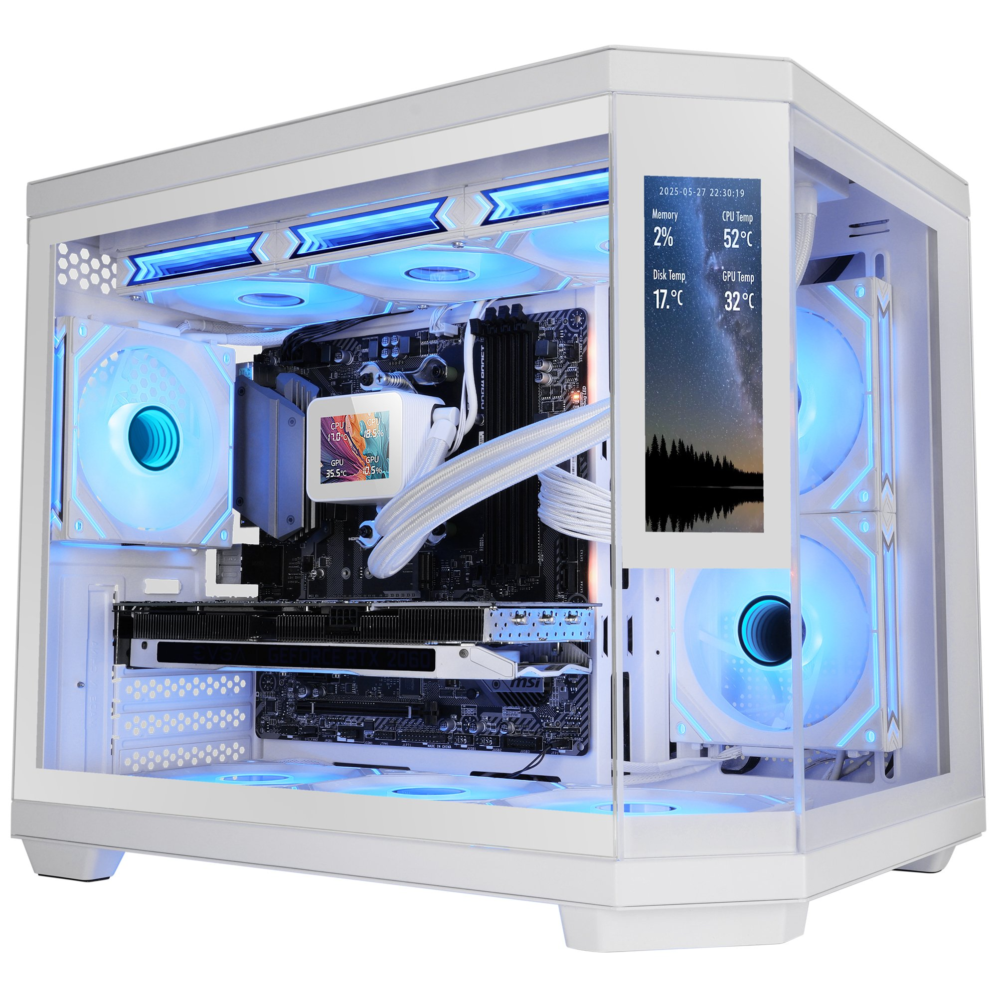 Case per computer bianco con ventole a LED blu. Uno schermo mostra statistiche e un'immagine di notte stellata. Componenti visibili.