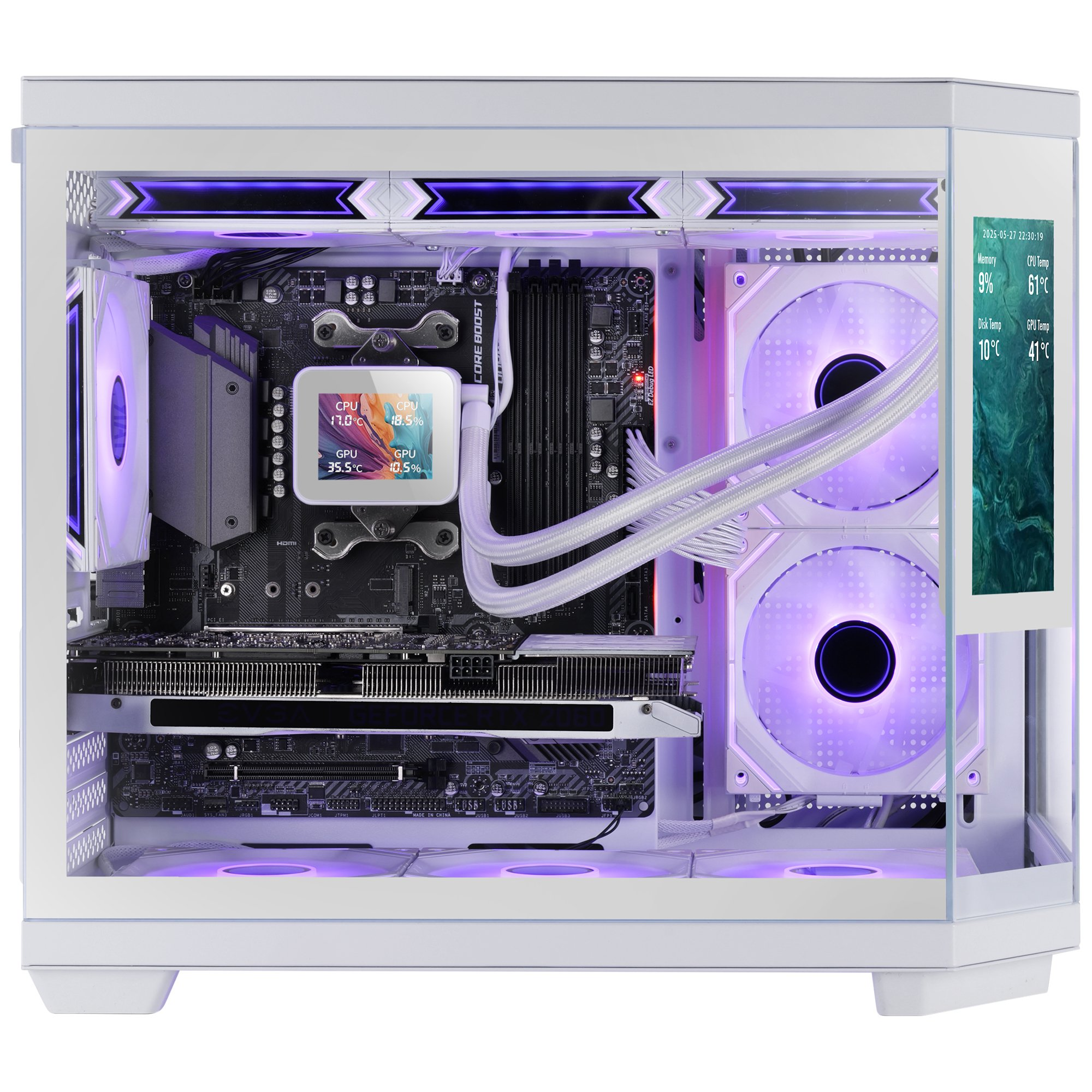 Un case per computer bianco con componenti interni illuminati da luci viola. Include ventole, una scheda madre e un display con statistiche.