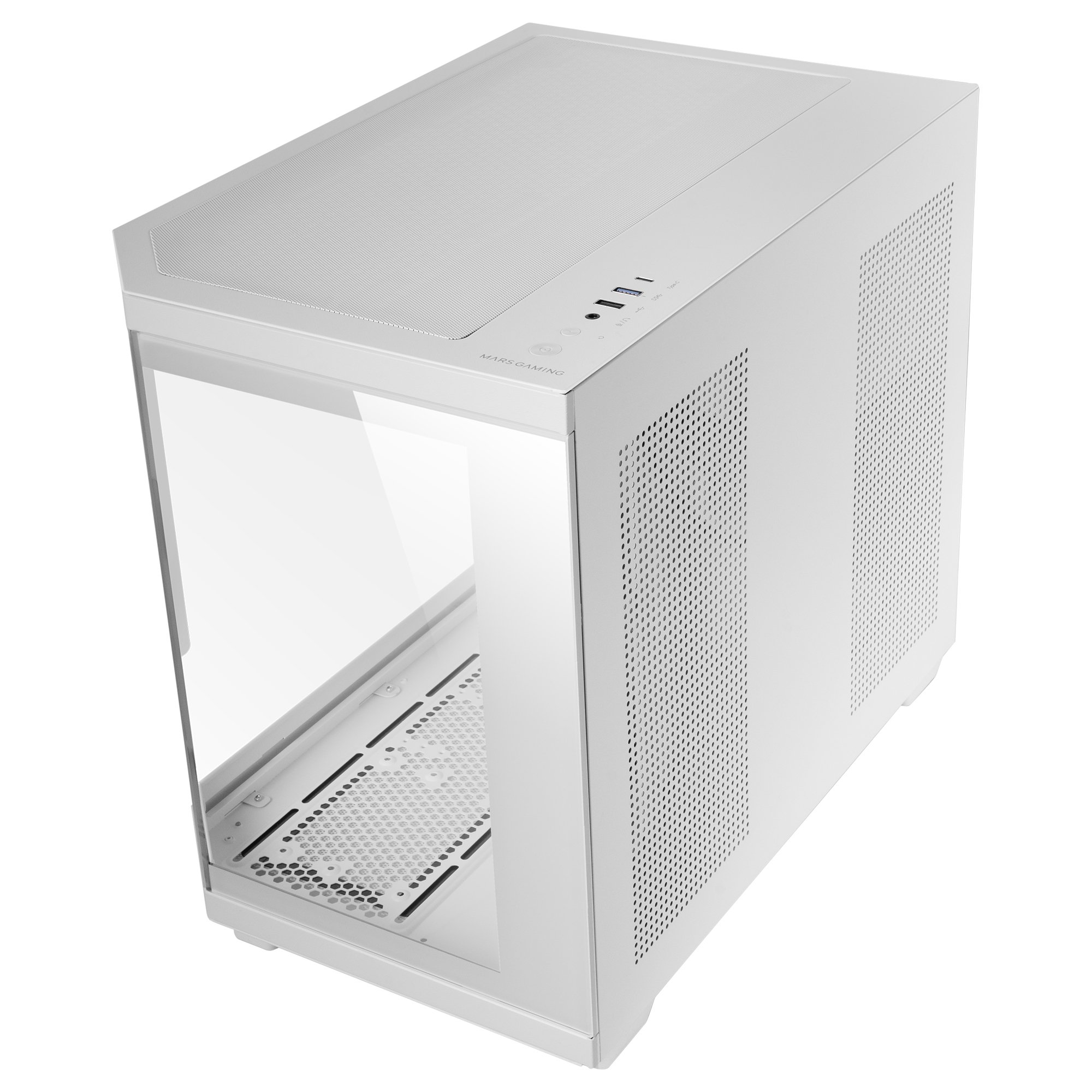 Un case per computer bianco con un pannello laterale in vetro. Ha una rete sulla parte superiore e un pannello laterale perforato.