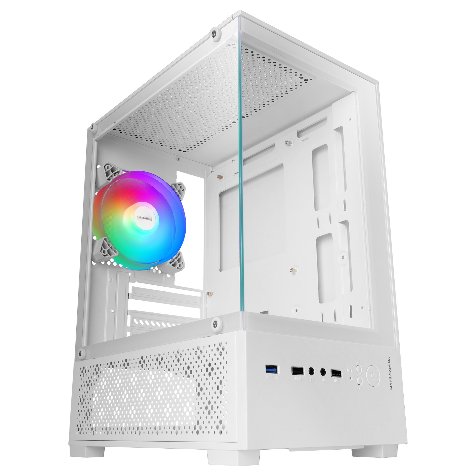 Un case per computer bianco con pannello laterale in vetro. È installata una ventola arcobaleno. Include porte e pulsanti di accensione.