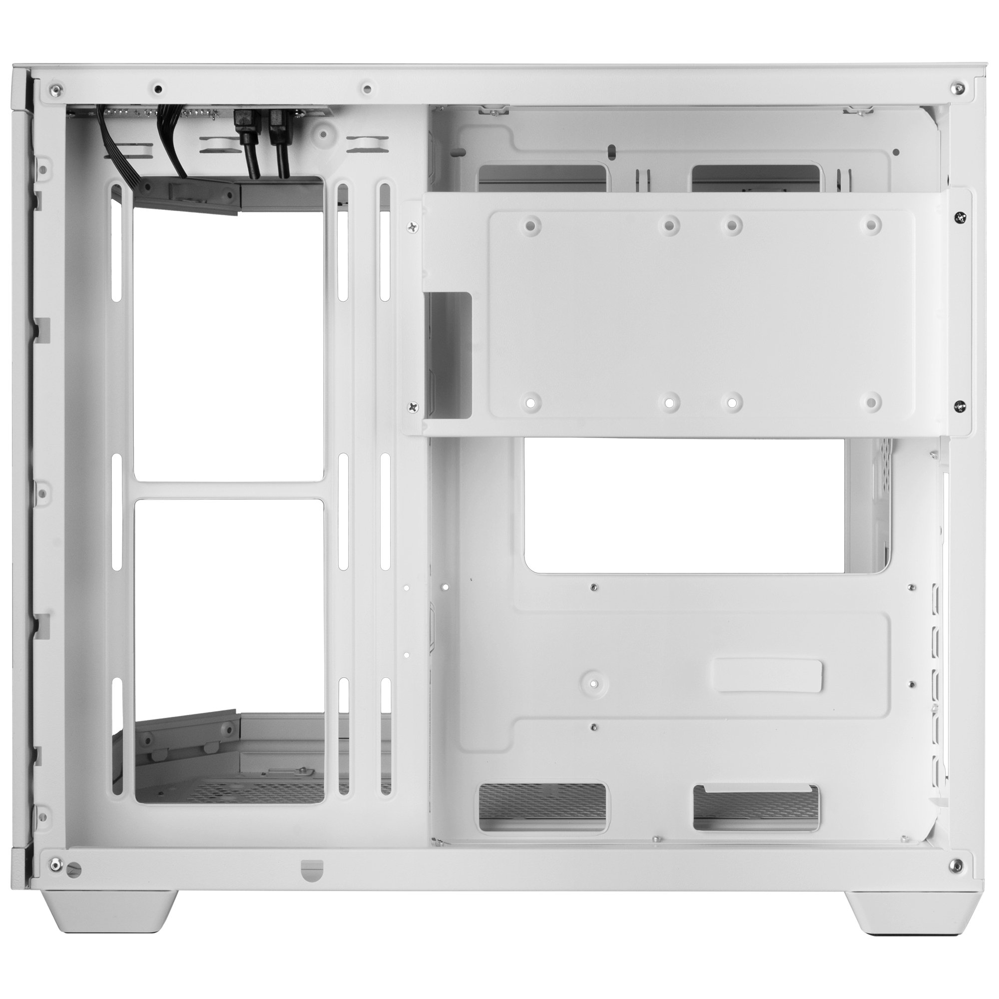 Interno di un case per computer bianco vuoto, con vari punti di montaggio e un'ampia apertura centrale.