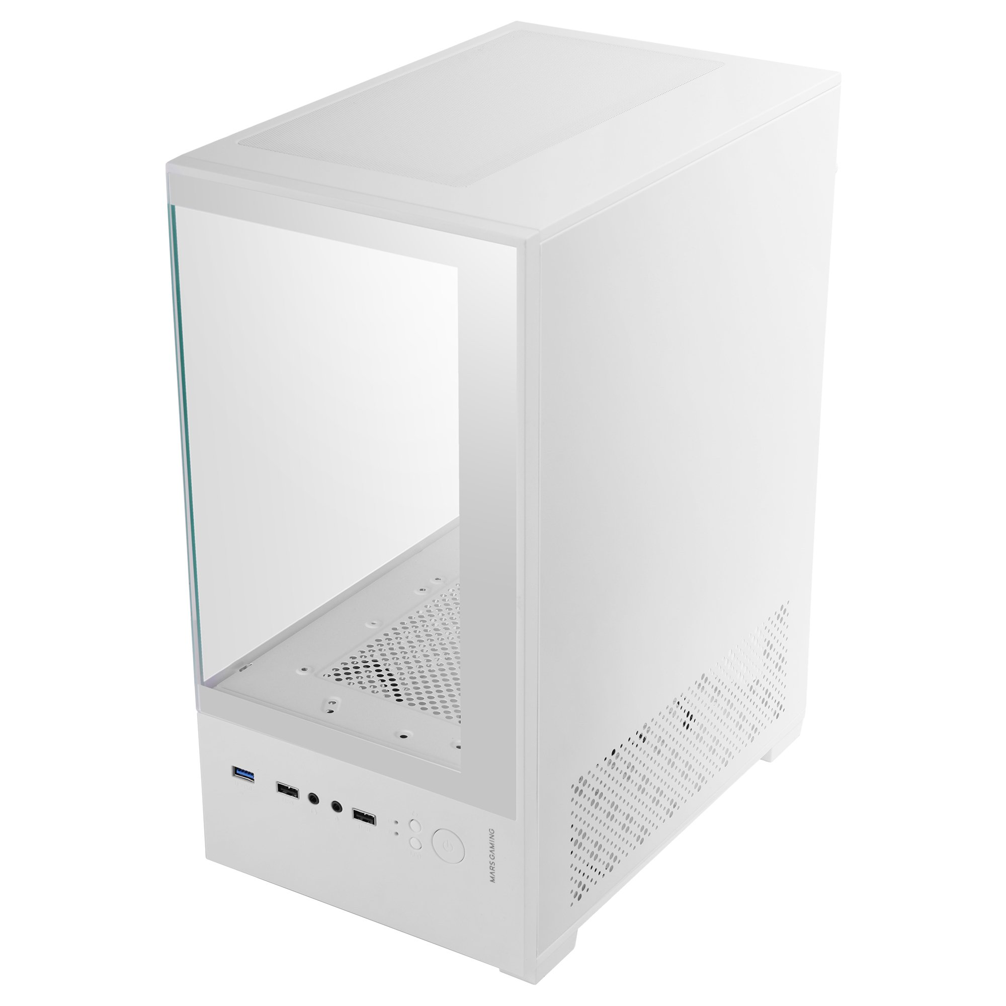 Case per computer bianco con pannello laterale in vetro. Ha un design moderno con porte e il logo Mars Gaming.