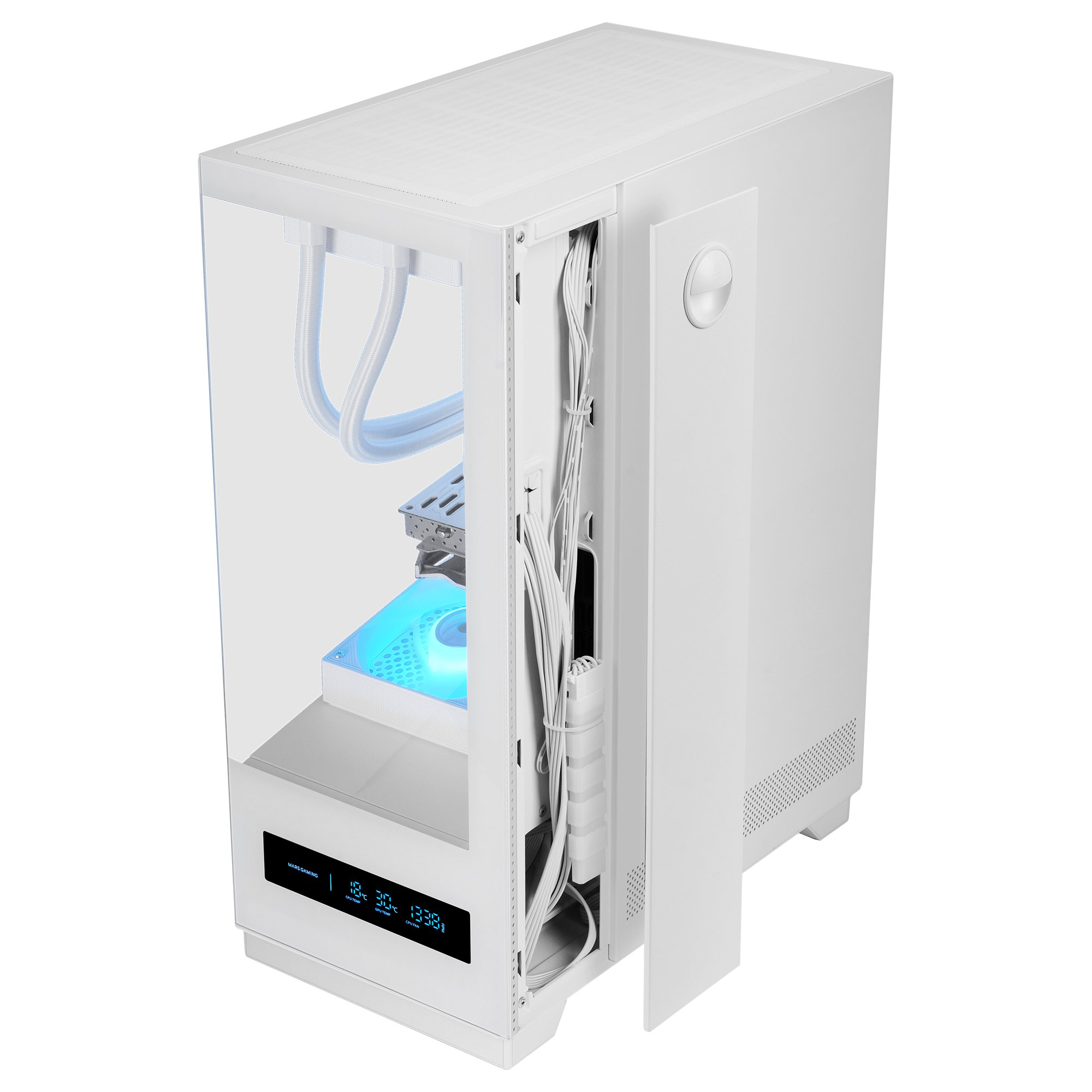 Una carcasa de ordenador blanca con un panel lateral de vidrio. Dentro, un ventilador iluminado en azul, cables y una pantalla. El panel lateral está abierto.