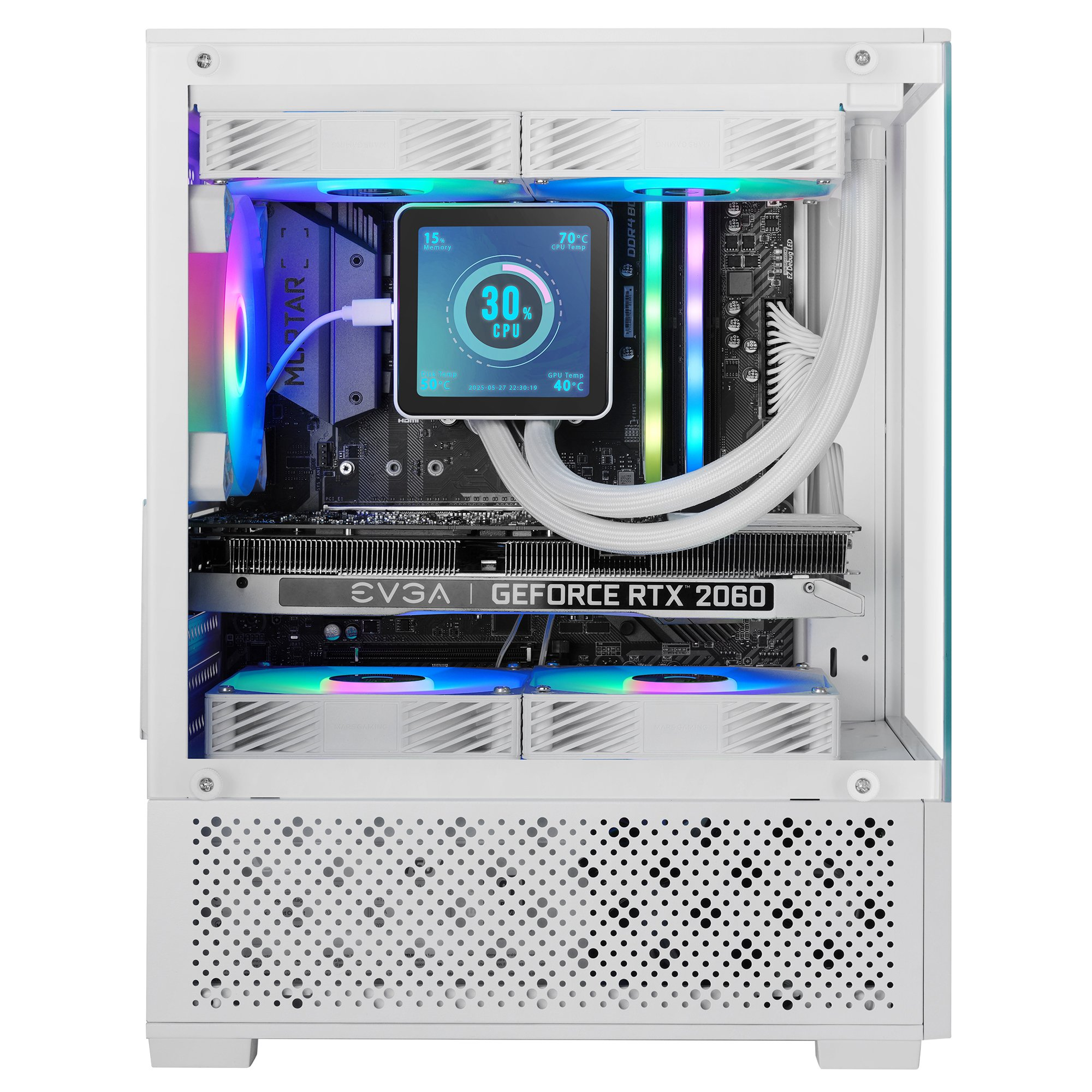 Un case per computer bianco con componenti interni, tra cui una GPU, CPU e schermo che mostra le statistiche di sistema. Illuminazione RGB visibile.