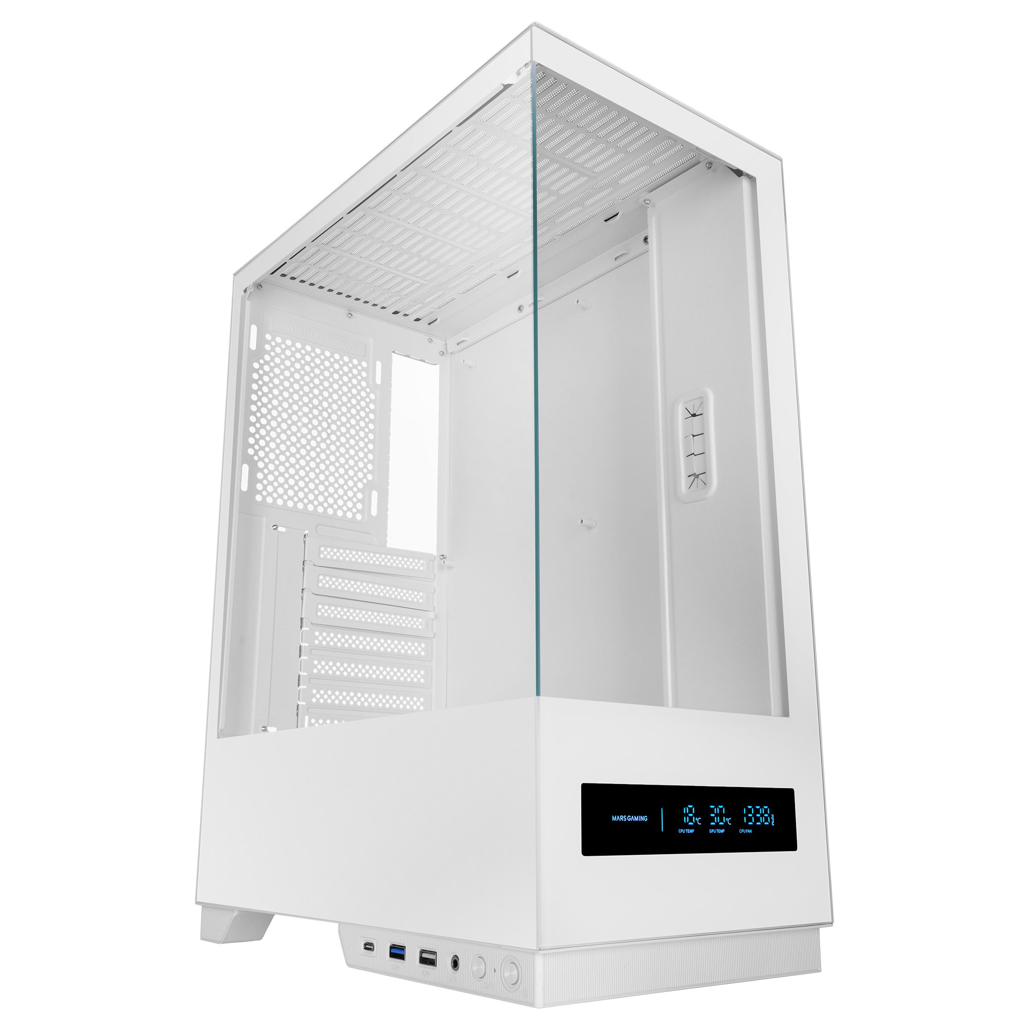 Una caja de ordenador blanca con un panel lateral de cristal. Tiene una pantalla que muestra la temperatura y la velocidad del ventilador. La caja está vacía.