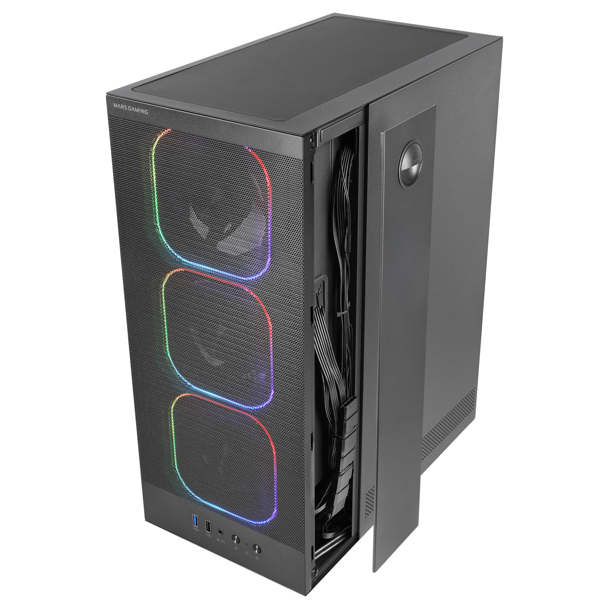 Obudowa komputera z otwartym panelem bocznym. Ma przednią siatkę z światłami RGB. Widać kable i komponenty w środku.