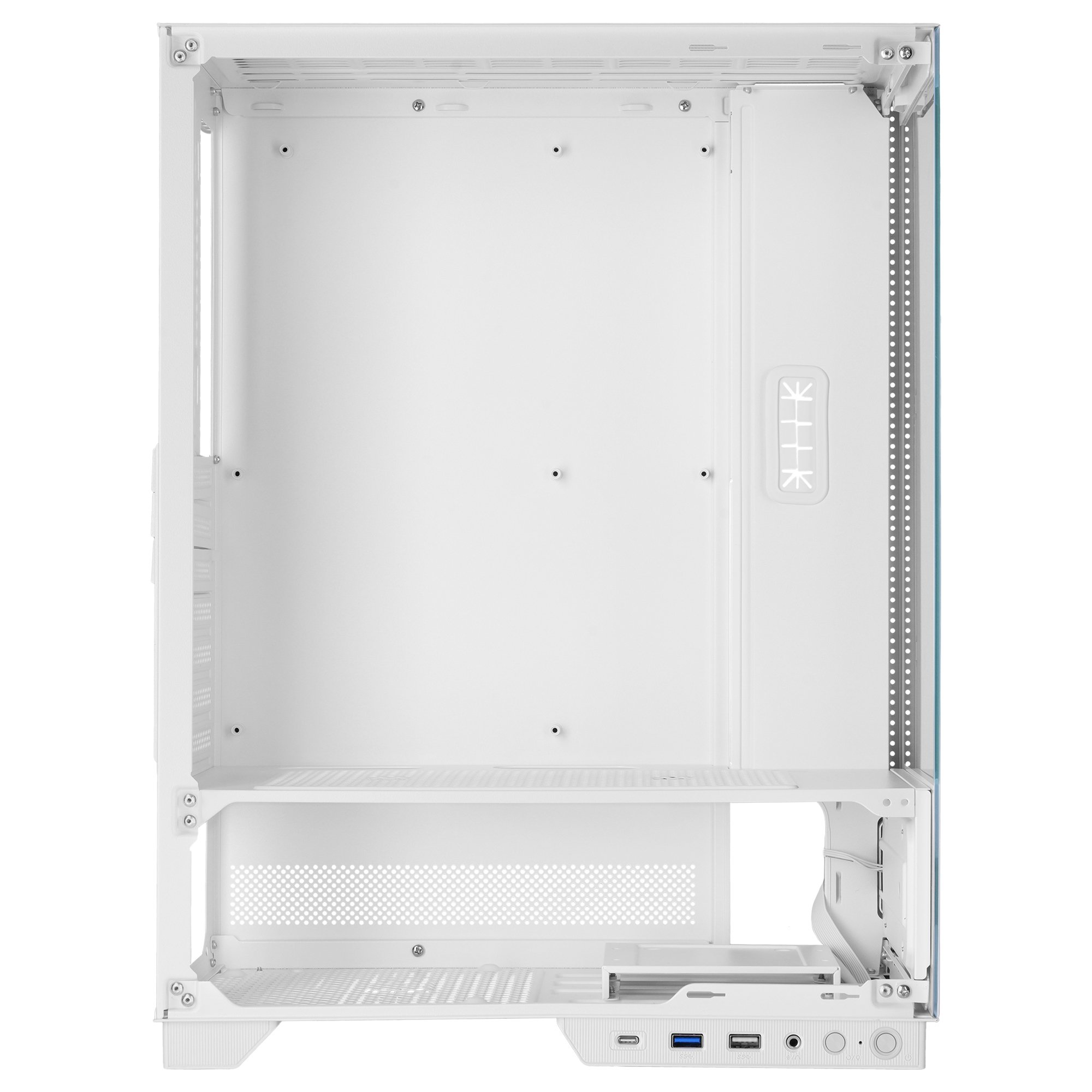 Interior de una carcasa de ordenador blanca. Tiene múltiples compartimentos y un panel lateral teñido de azul. Puertos USB visibles.